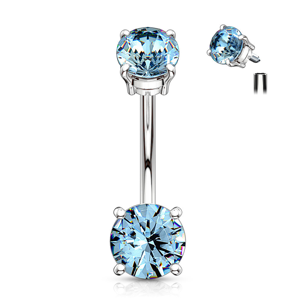 Internally Threaded Top Double Prong Set CZ 316L Surgical Steel Belly Button Navel Rings - Aqua