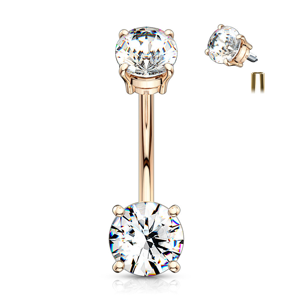 Internally Threaded Top Double Prong Set CZ 316L Surgical Steel Belly Button Navel Rings - Rose Gold/Clear