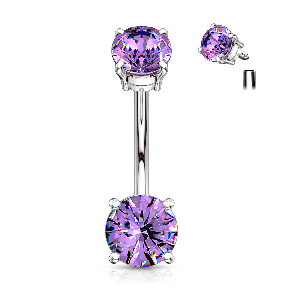 Internally Threaded Top Double Prong Set CZ 316L Surgical Steel Belly Button Navel Rings - Tanzanite