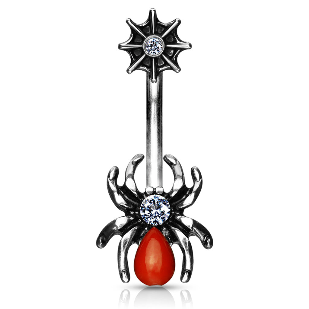 316L Surgical Steel Red Spider and Web With CZ Belly Button Ring - Steel