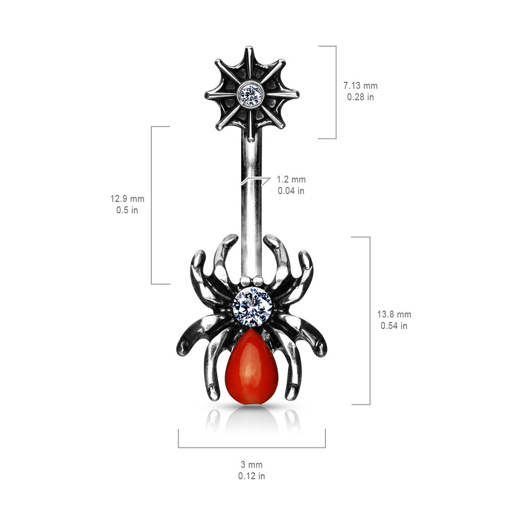 316L Surgical Steel Red Spider and Web With CZ Belly Button Ring size chart