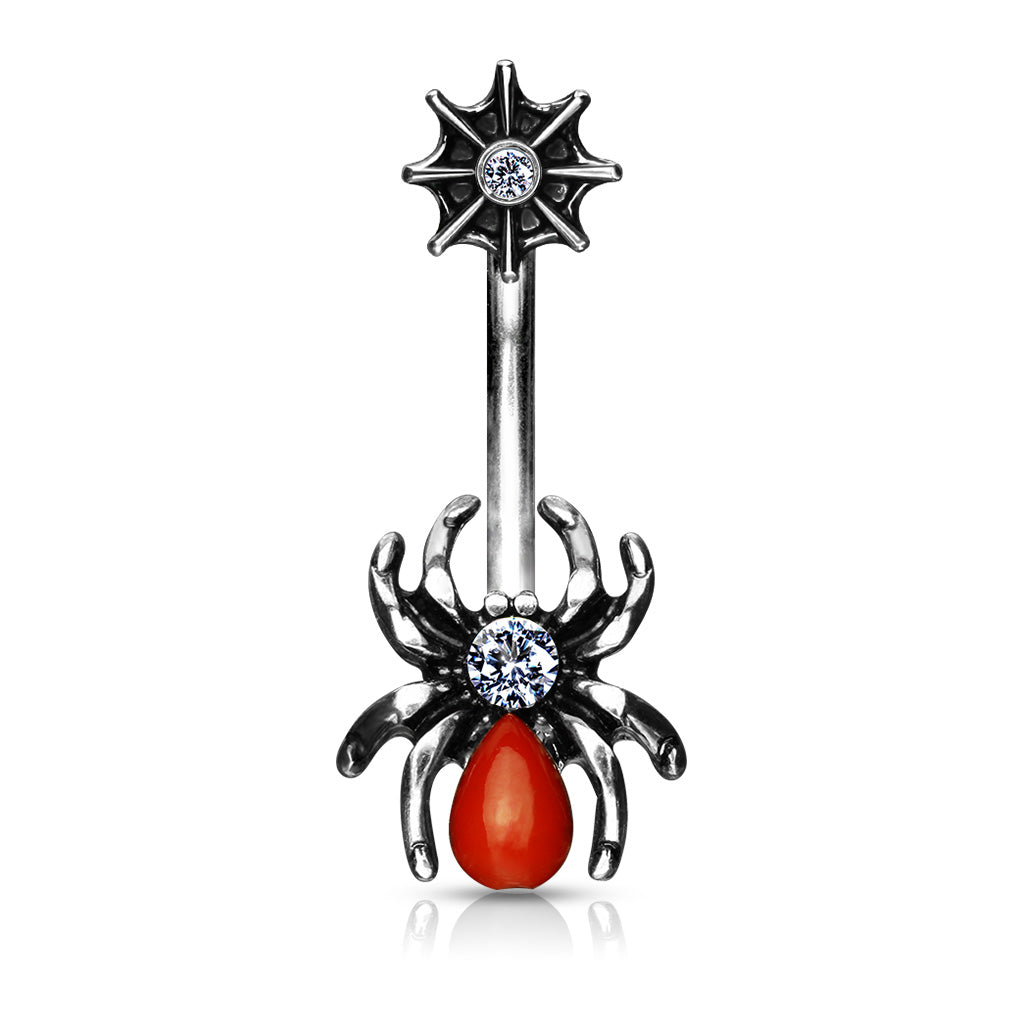 316L Surgical Steel Red Spider and Web With CZ Belly Button Ring - all colors
