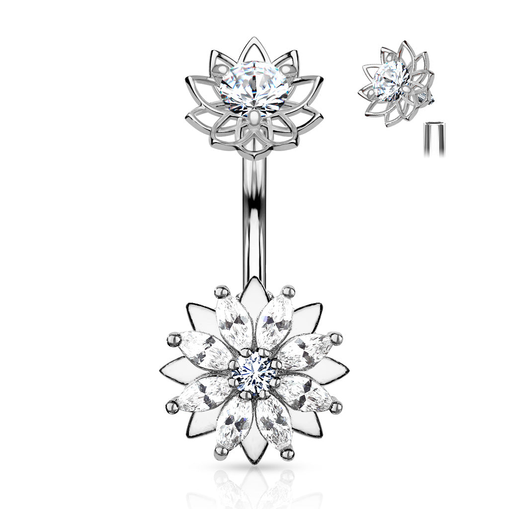 316L Surgical Steel Marquise CZ Flower With Internally Threaded CZ Center Flower Top Belly Button Ring - Clear