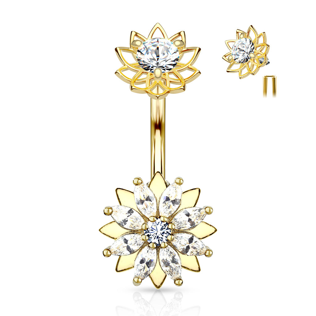 316L Surgical Steel Marquise CZ Flower With Internally Threaded CZ Center Flower Top Belly Button Ring - Gold/Clear