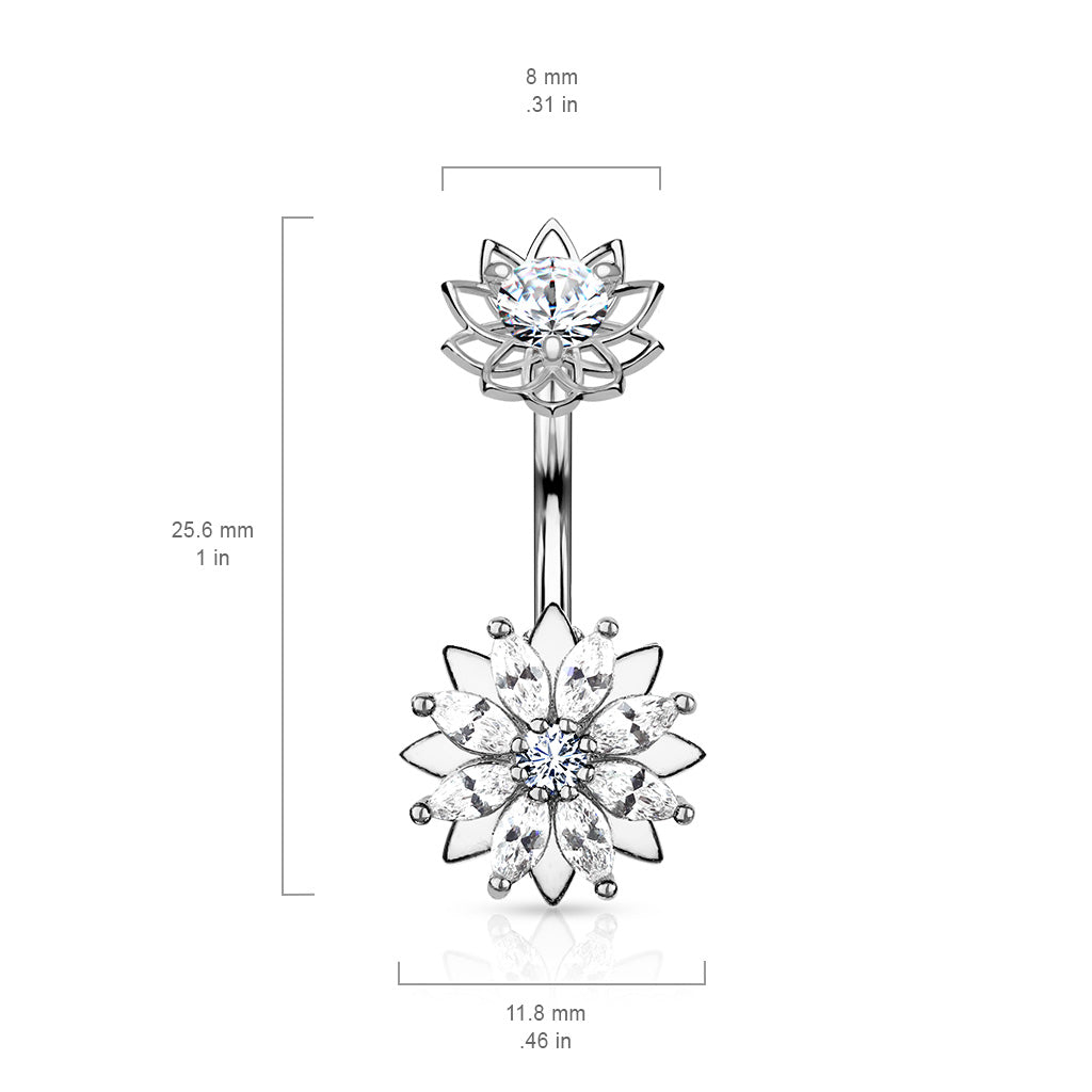 316L Surgical Steel Marquise CZ Flower With Internally Threaded CZ Center Flower Top Belly Button Ring size chart
