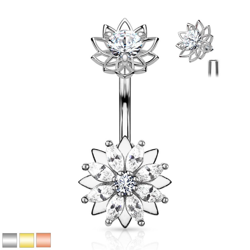 316L Surgical Steel Marquise CZ Flower With Internally Threaded CZ Center Flower Top Belly Button Ring - all colors