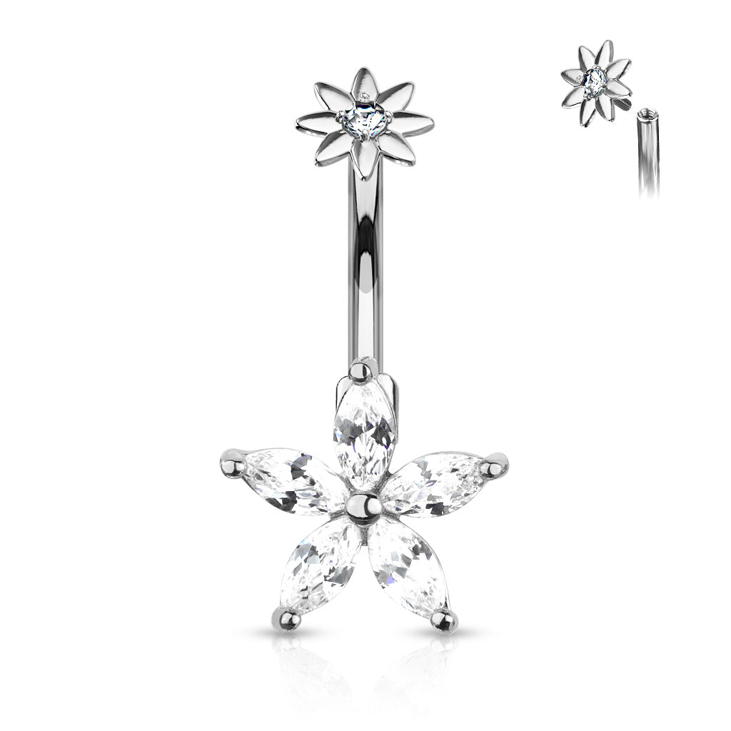 316L Surgical Steel 5 Marquise CZ Petals Flower With Internally Threaded CZ Center Small Flower Top Belly Button Ring - Clear