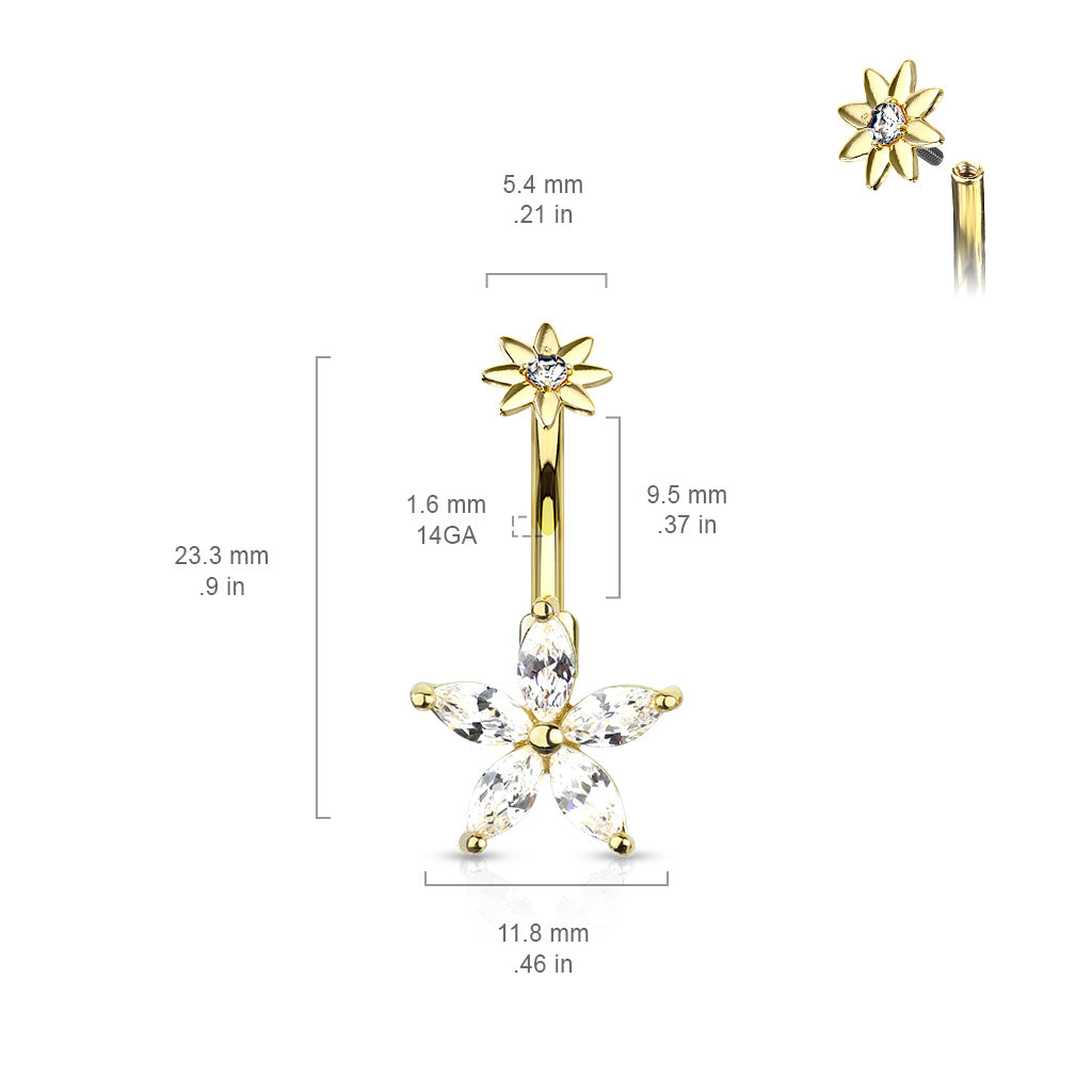 316L Surgical Steel 5 Marquise CZ Petals Flower With Internally Threaded CZ Center Small Flower Top Belly Button Ring size chart