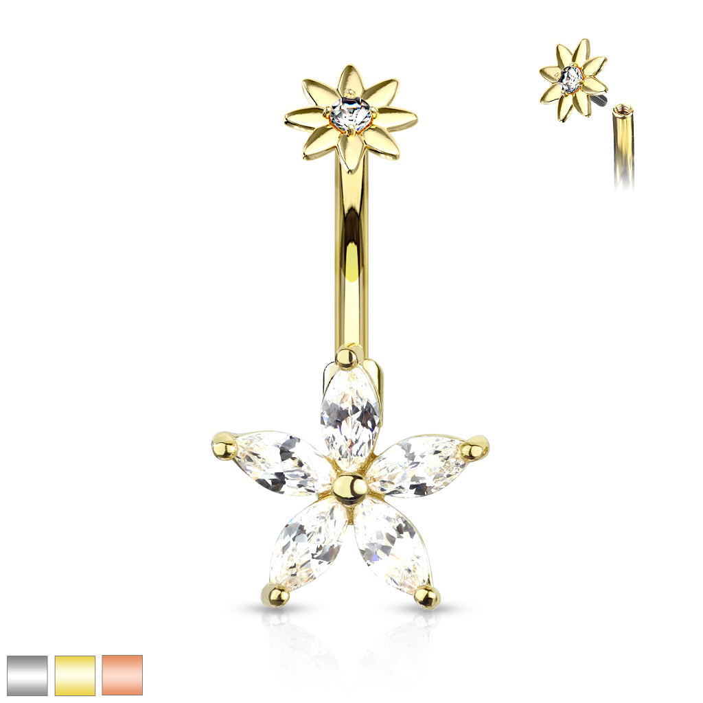 316L Surgical Steel 5 Marquise CZ Petals Flower With Internally Threaded CZ Center Small Flower Top Belly Button Ring - all colors