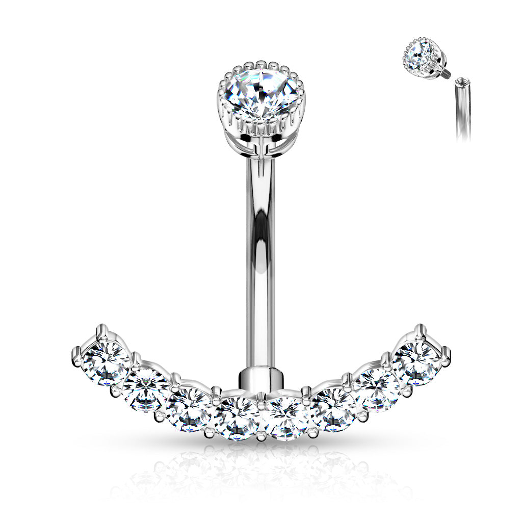 316L Surgical Steel CZ Paved Curved Line With Internally Threaded Round CZ Top Belly Button Ring - Clear