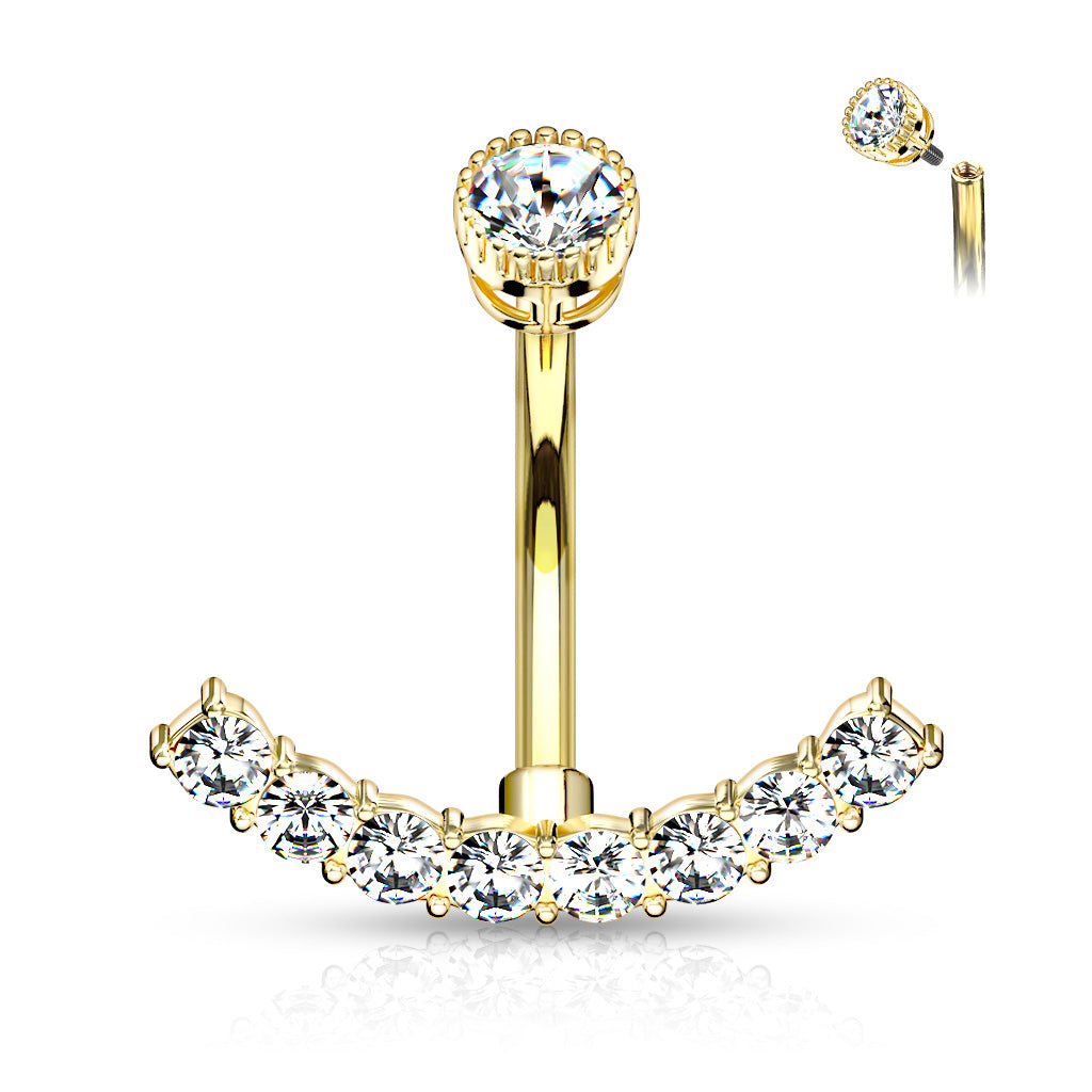 316L Surgical Steel CZ Paved Curved Line With Internally Threaded Round CZ Top Belly Button Ring - Gold/Clear