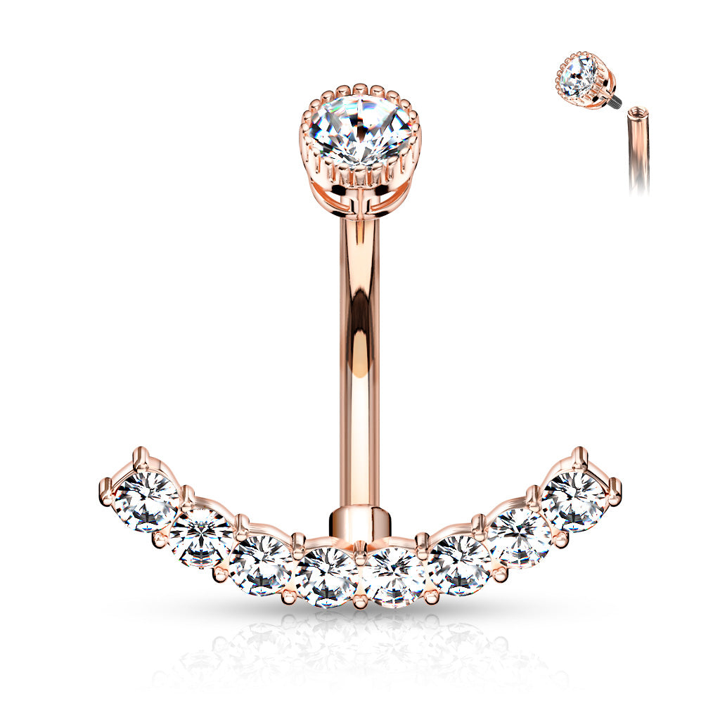 316L Surgical Steel CZ Paved Curved Line With Internally Threaded Round CZ Top Belly Button Ring - Rose Gold/Clear