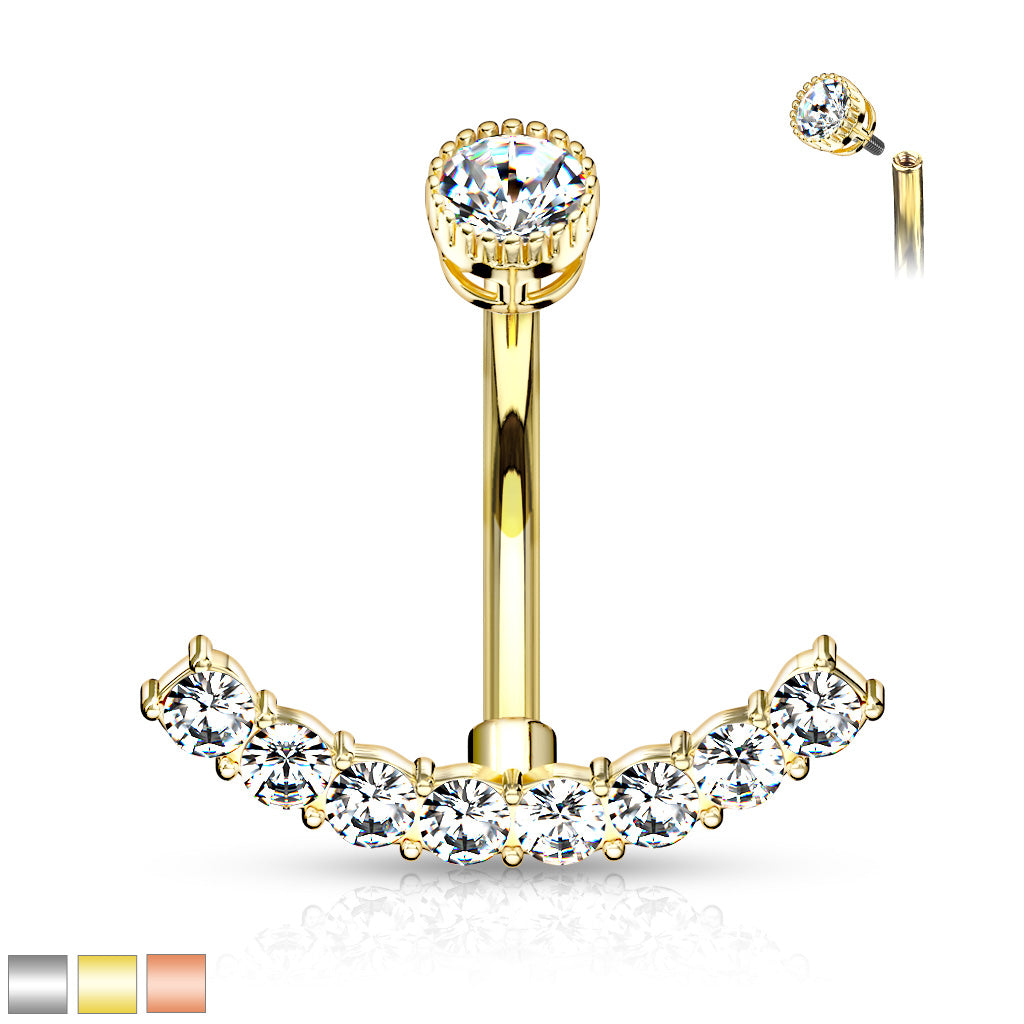 316L Surgical Steel CZ Paved Curved Line With Internally Threaded Round CZ Top Belly Button Ring - all colors