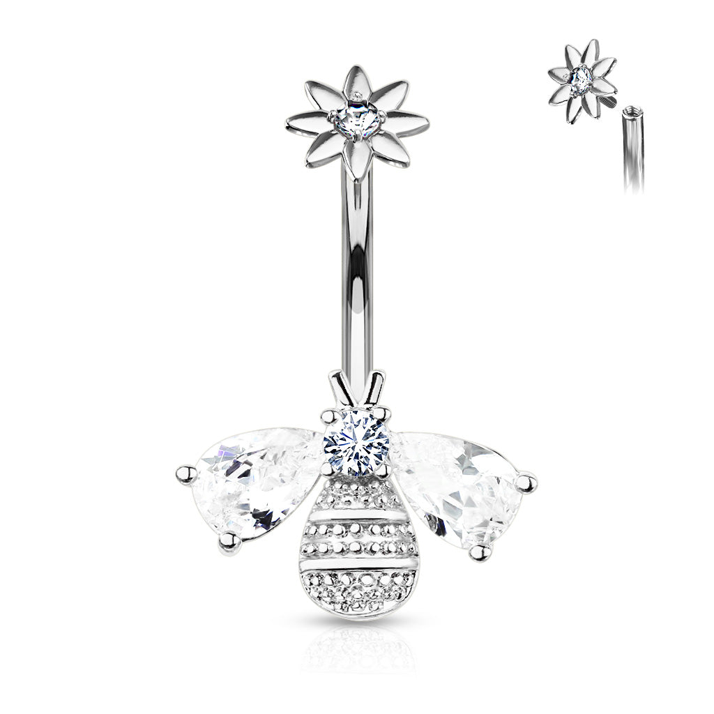 316L Surgical Steel Bee With CZ Wings and Face With Internally Threaded CZ Center Flower Top Belly Button Ring - Clear