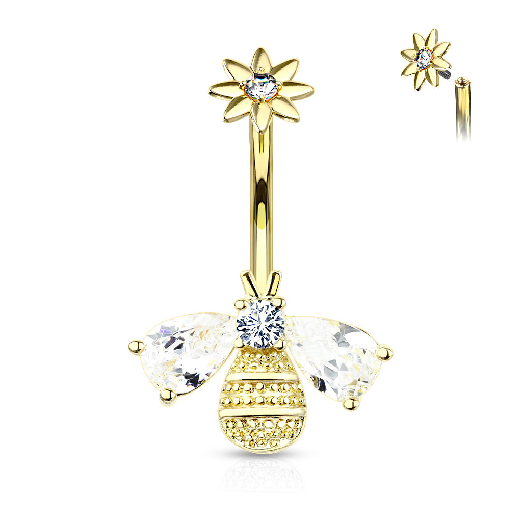 316L Surgical Steel Bee With CZ Wings and Face With Internally Threaded CZ Center Flower Top Belly Button Ring - Gold/Clear