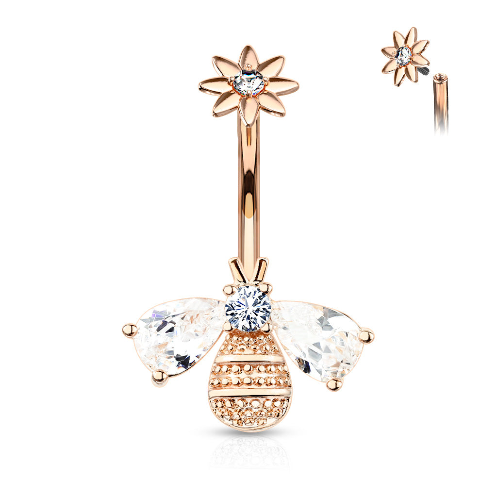 316L Surgical Steel Bee With CZ Wings and Face With Internally Threaded CZ Center Flower Top Belly Button Ring - Rose Gold/Clear
