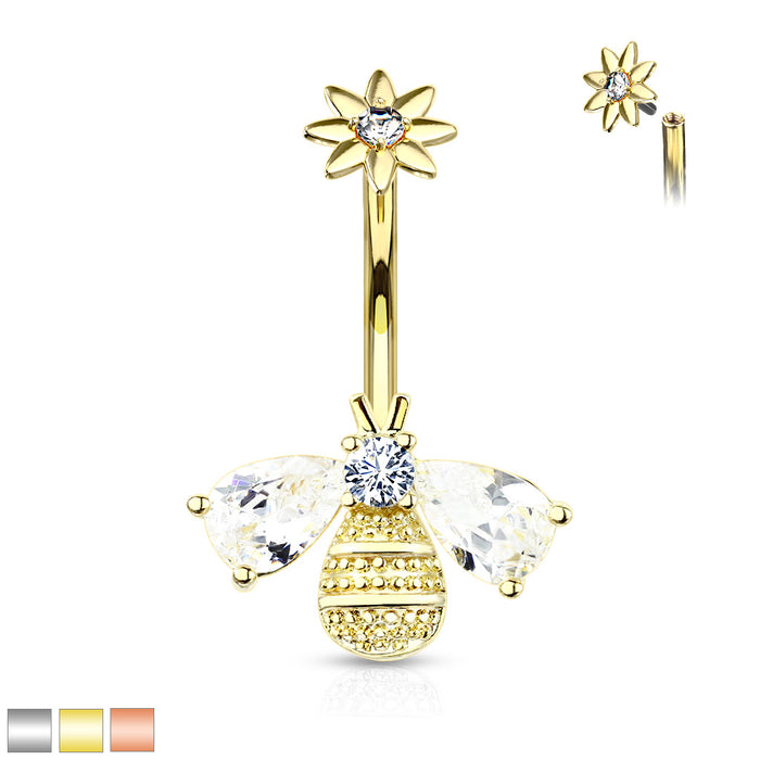 316L Surgical Steel CZ Winged Bee Belly Ring With Internally Threaded Flower Top