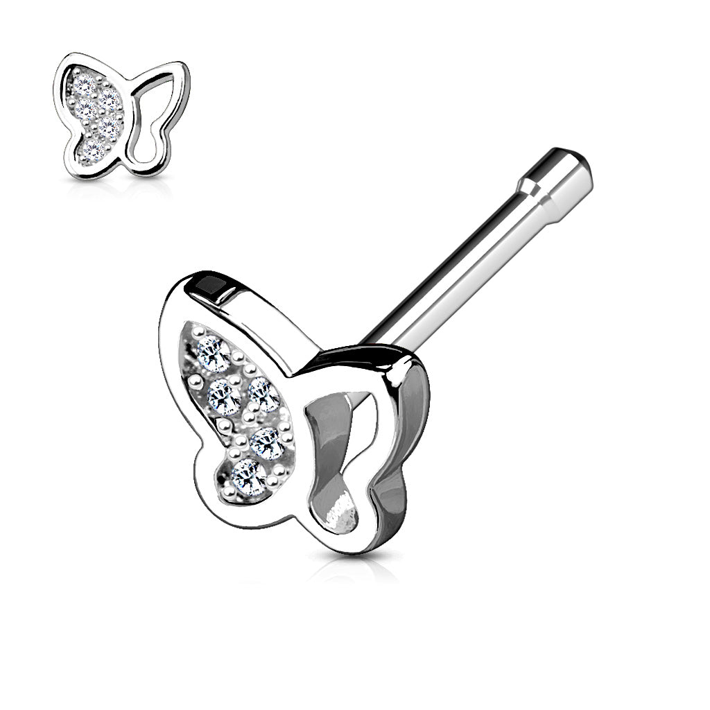 Hollow Half Paved CZ Butterfly Top 316L Surgical Steel Nose Bone Stud Rings - Clear