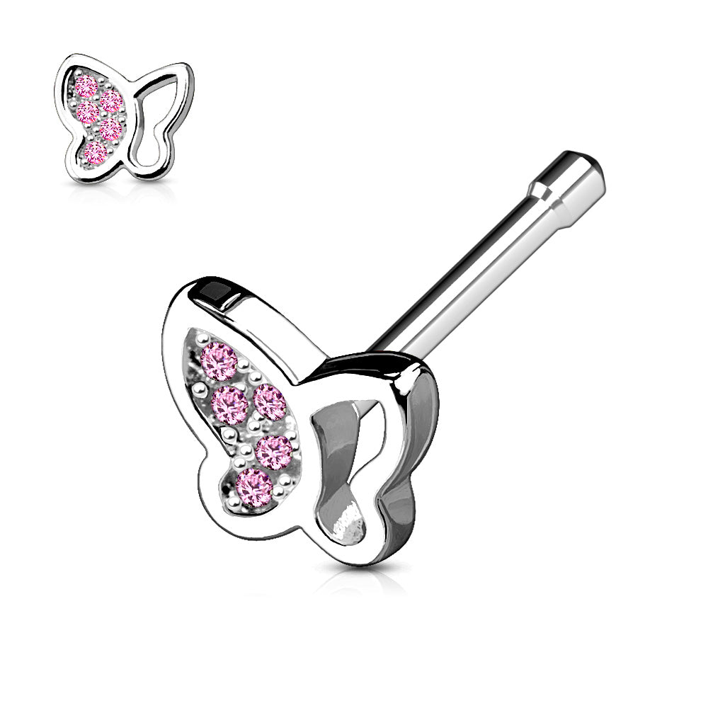 Hollow Half Paved CZ Butterfly Top 316L Surgical Steel Nose Bone Stud Rings - Pink