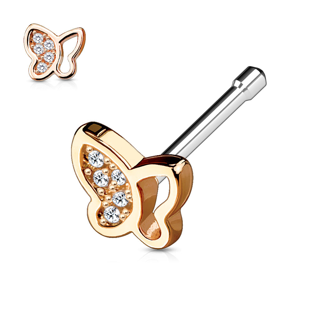 Hollow Half Paved CZ Butterfly Top 316L Surgical Steel Nose Bone Stud Rings - Rose Gold/Clear