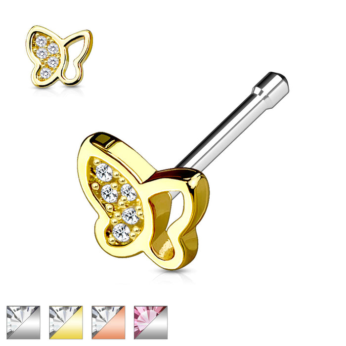 Hollow Half Paved CZ Butterfly Top 316L Surgical Steel Nose Bone Stud Rings