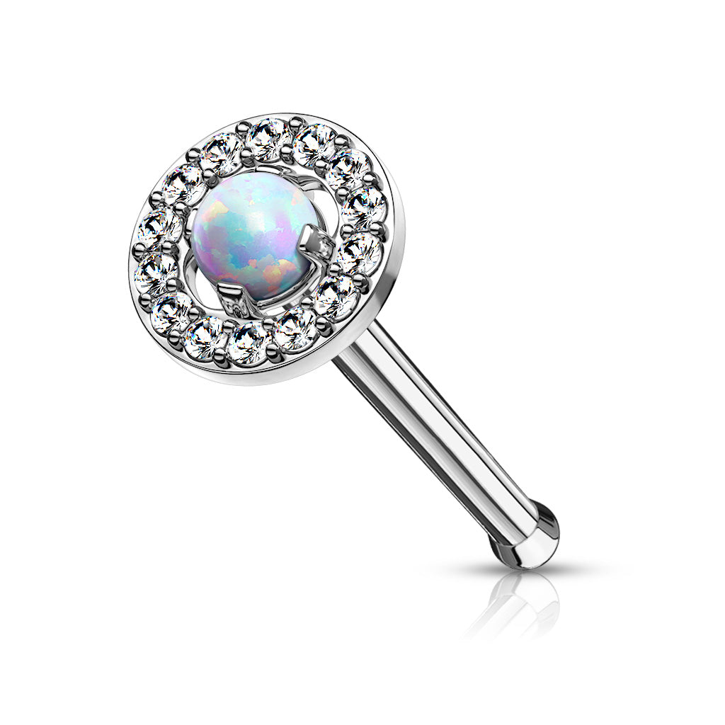 Prong Set Opal Center with CZ Paved Surrounding Top 316L Surgical Steel Nose Bone Stud Rings - Opal White