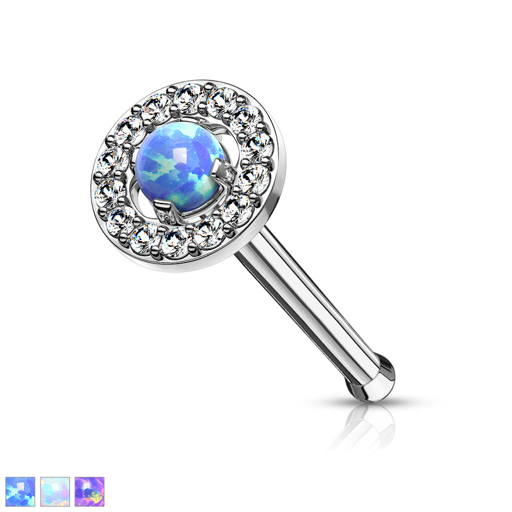 Prong Set Opal Center with CZ Paved Surrounding Top 316L Surgical Steel Nose Bone Stud Rings - all colors