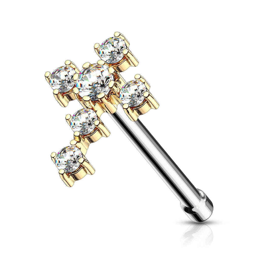 CZ Cross 316L Surgical Steel Nose Bone Stud - Gold/Clear