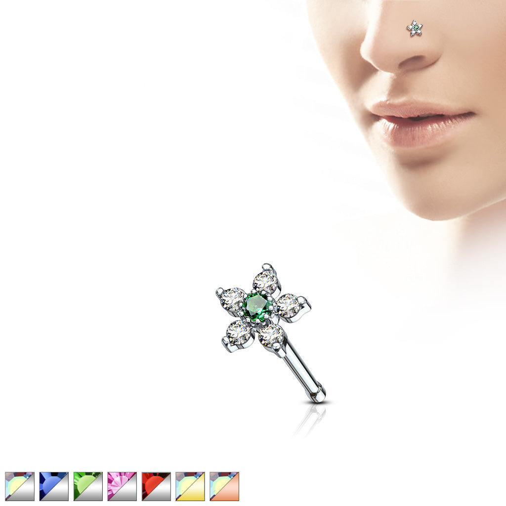 6 CZ Flower Top 316L Surgical Steel Nose Bone Stud Rings - all colors