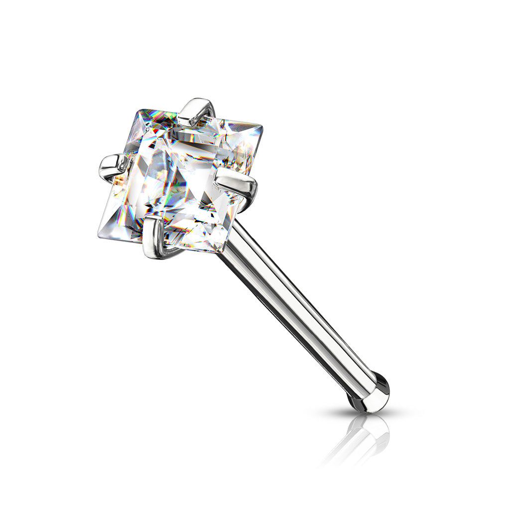 Prong Set Square CZ Top 316L Surgical Steel Nose Bone Stud Rings - Clear