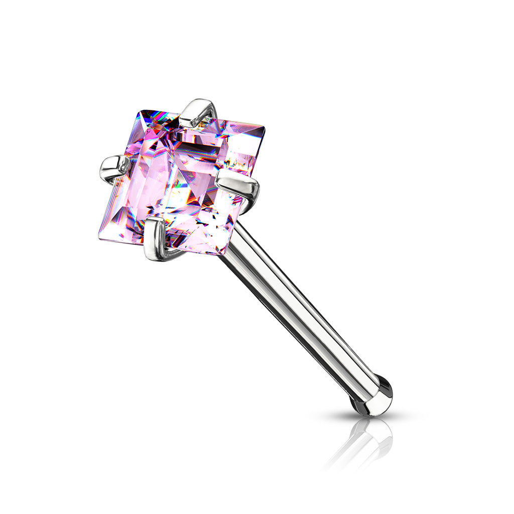 Prong Set Square CZ Top 316L Surgical Steel Nose Bone Stud Rings - Pink