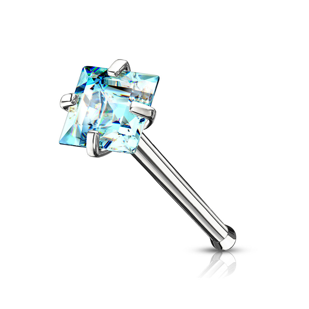 Prong Set Square CZ Top 316L Surgical Steel Nose Bone Stud Rings - Aqua