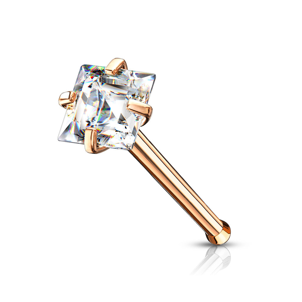Prong Set Square CZ Top 316L Surgical Steel Nose Bone Stud Rings - Rose Gold/Clear