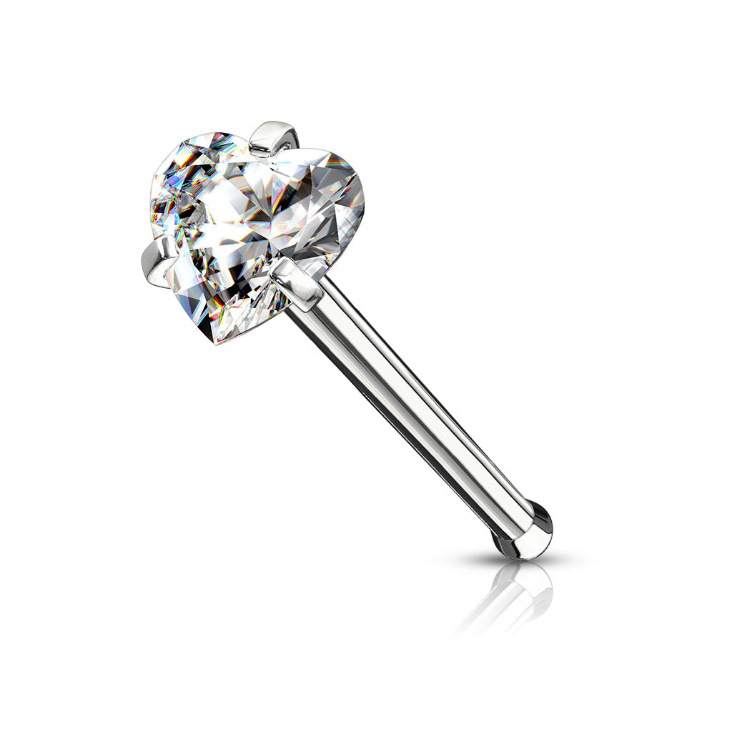 Prong Set Heart CZ Top 316L Surgical Steel Nose Bone Stud Rings - Clear