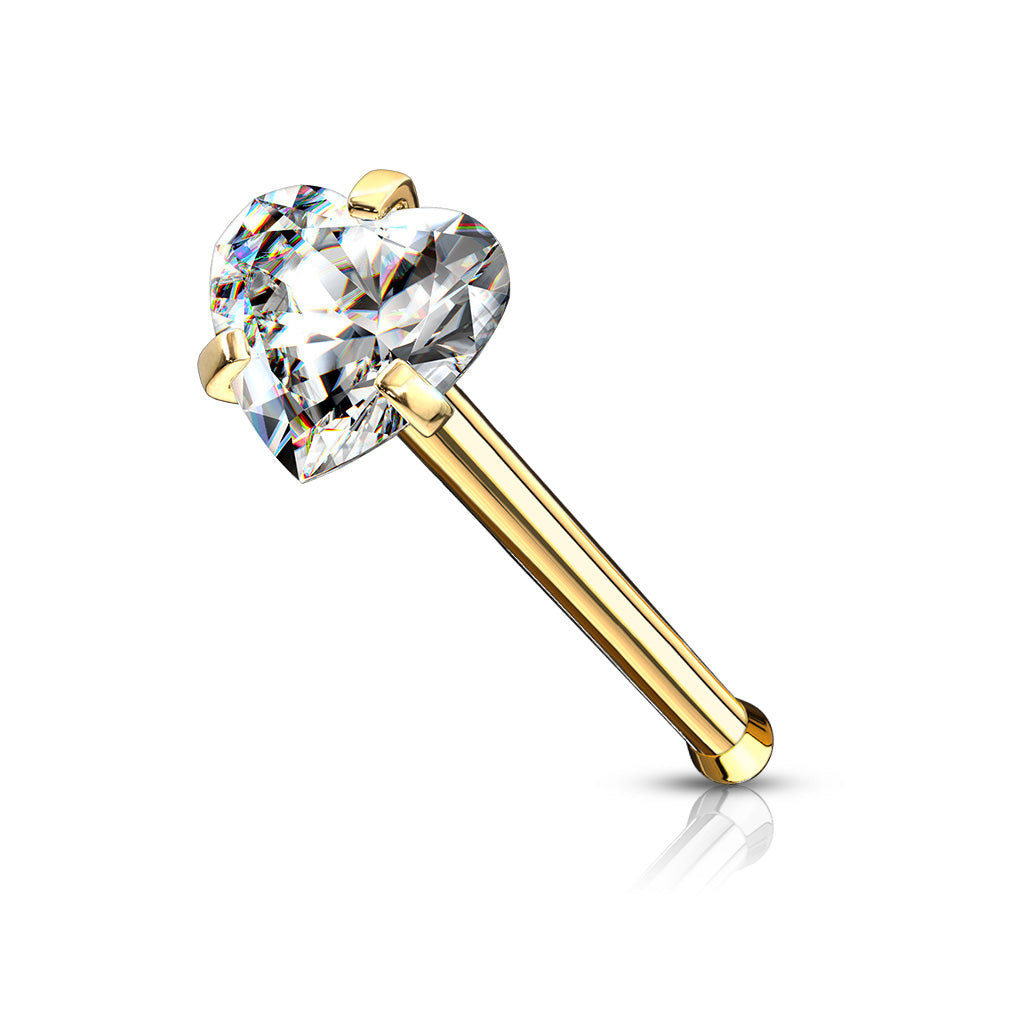 Prong Set Heart CZ Top 316L Surgical Steel Nose Bone Stud Rings - Gold/Clear
