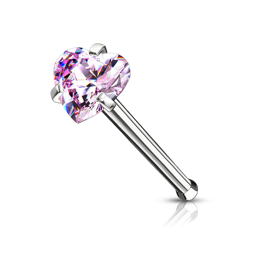 Prong Set Heart CZ Top 316L Surgical Steel Nose Bone Stud Rings - Pink