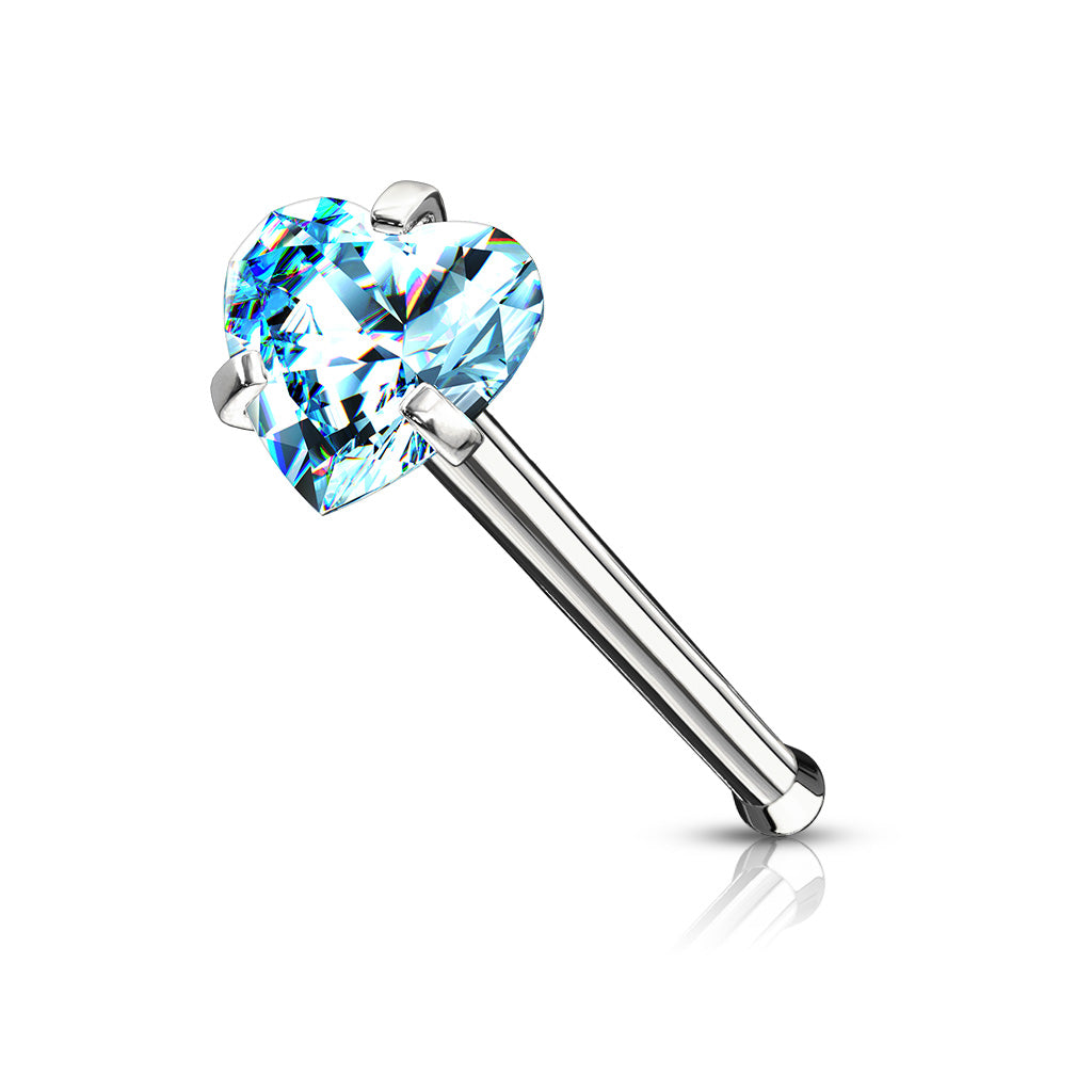 Prong Set Heart CZ Top 316L Surgical Steel Nose Bone Stud Rings - Aqua