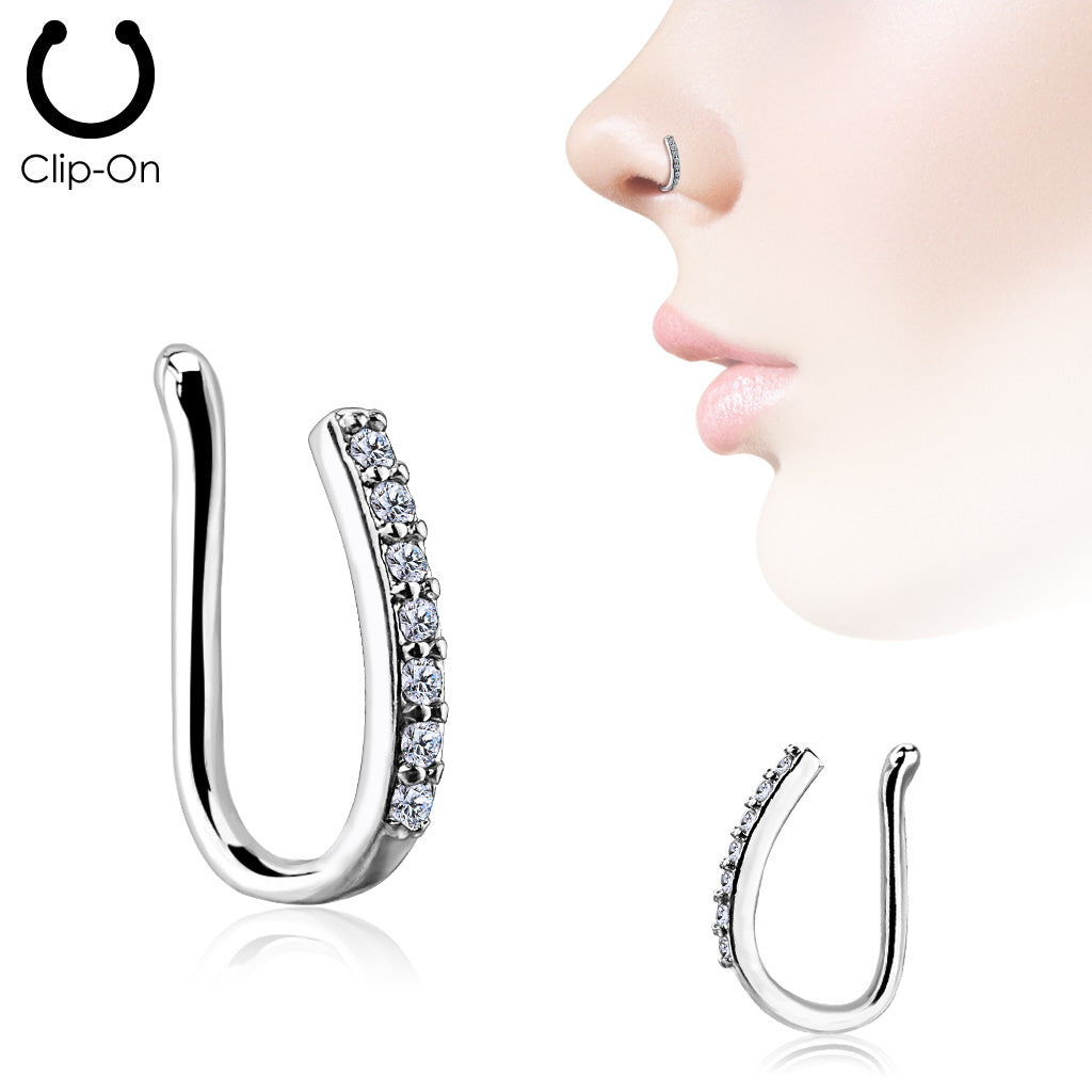 Lined CZ Set Bar Non Piercing Nose/ Ear Clips - all colors