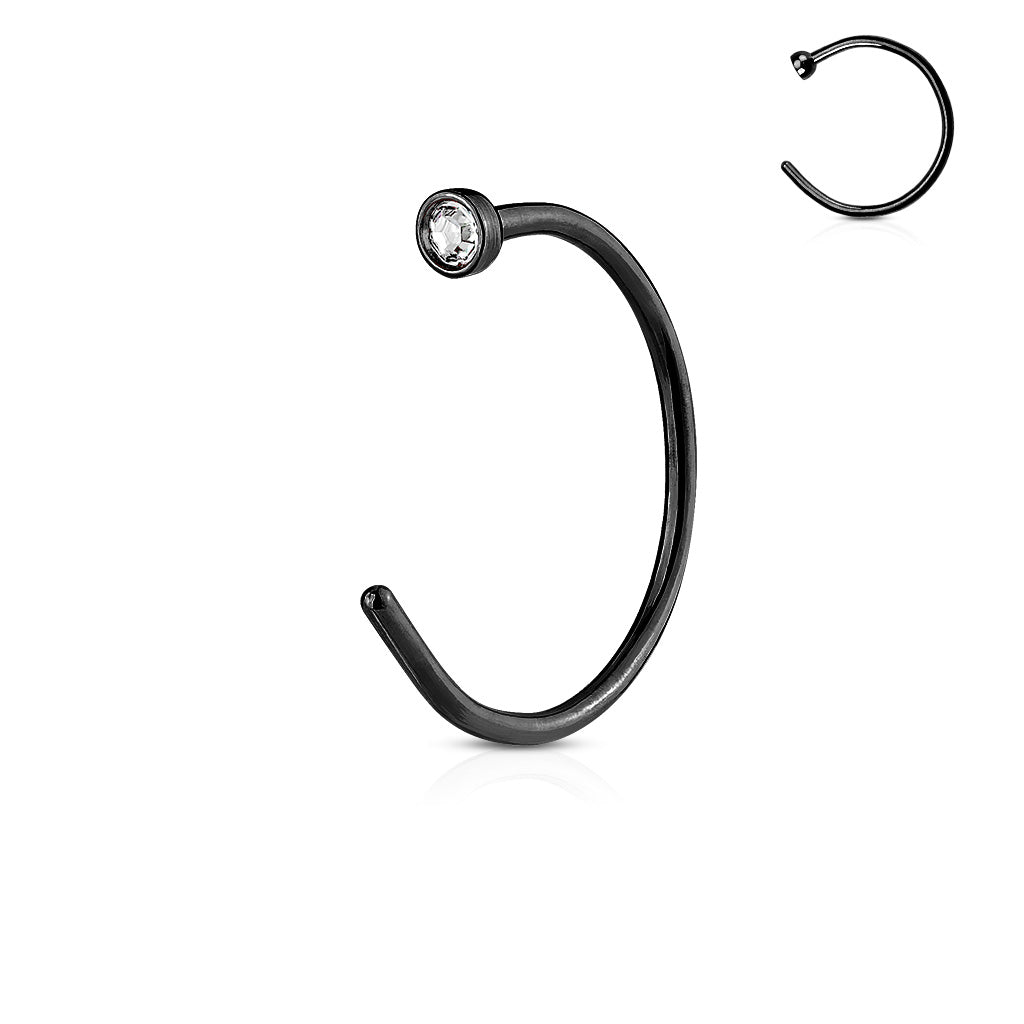Clear Gemmed Top Black IP Over 316L Surgical Steel Nose Hoop Ring - all colors