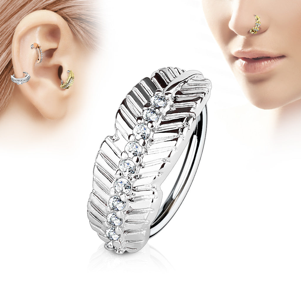 Leaf Design with CZ Paved Center 316L Surgical Steel Nose, Cartilage Hoop Rings - Clear
