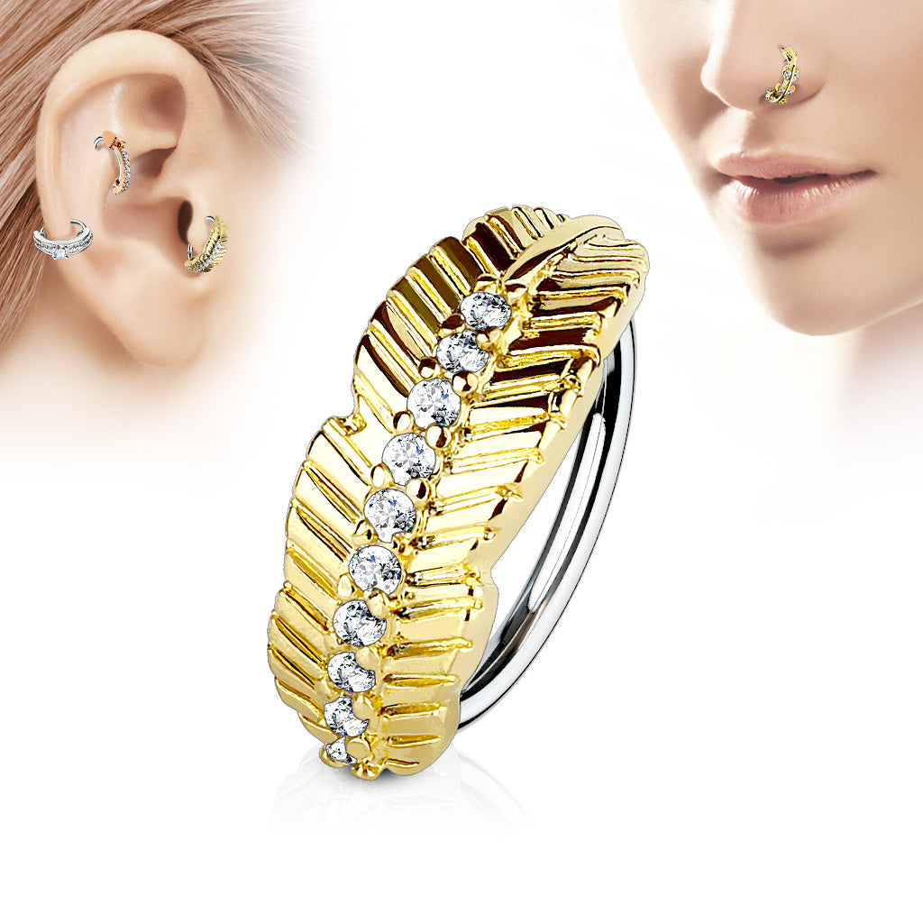 Leaf Design with CZ Paved Center 316L Surgical Steel Nose, Cartilage Hoop Rings - Gold/Clear