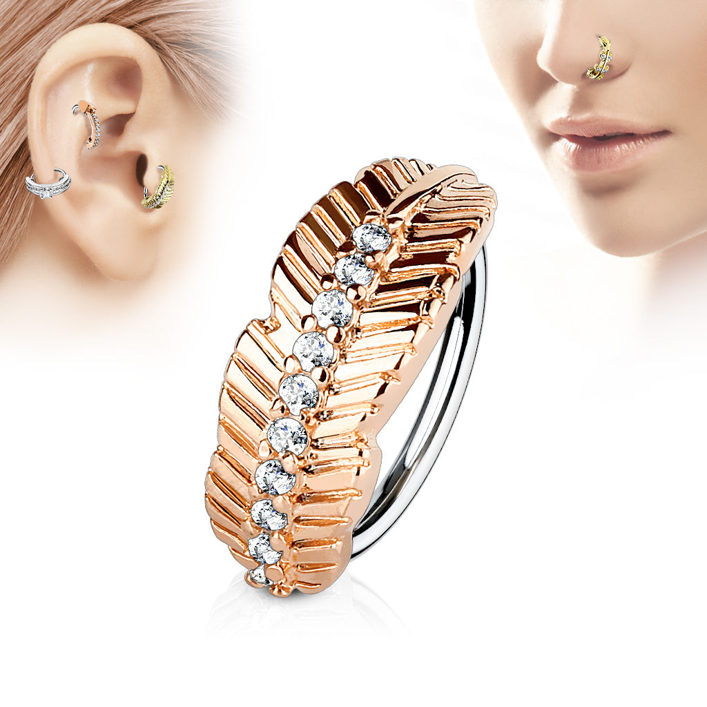 Leaf Design with CZ Paved Center 316L Surgical Steel Nose, Cartilage Hoop Rings - Rose Gold/Clear