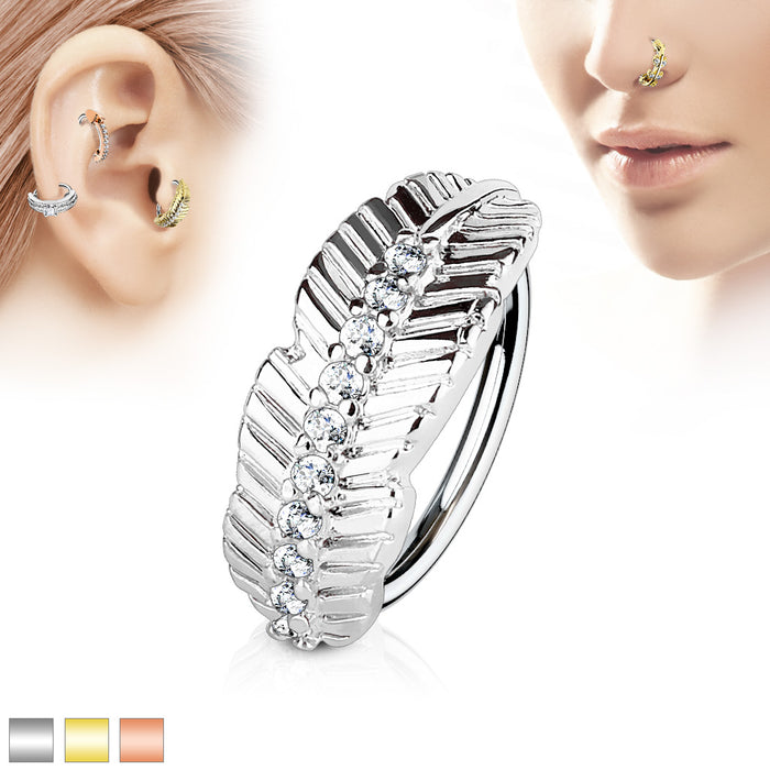 Leaf Design With CZ Paved Center 316L Surgical Steel Nose And Cartilage Hoop Rings
