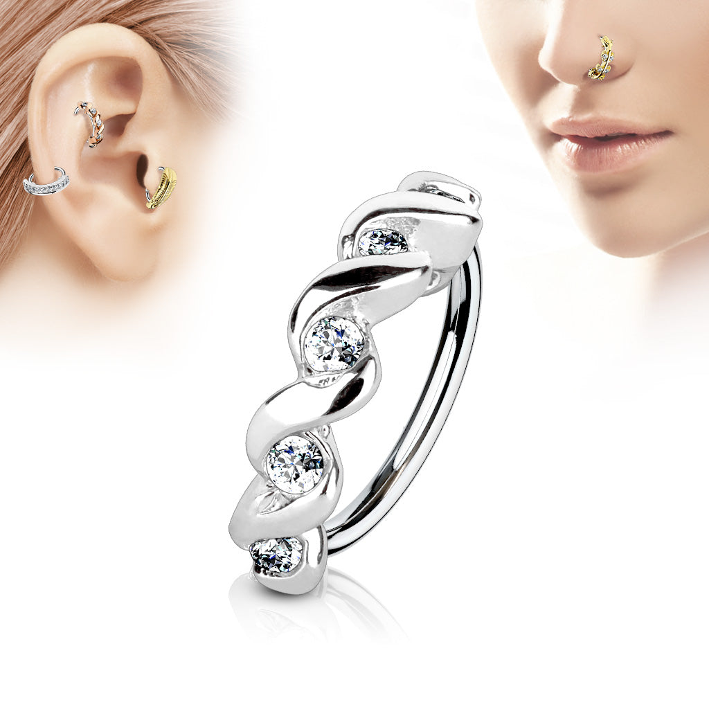CZ Set Twisted Half Circle Top 316L Surgical Steel Nose, Cartilage Hoop Rings - Clear