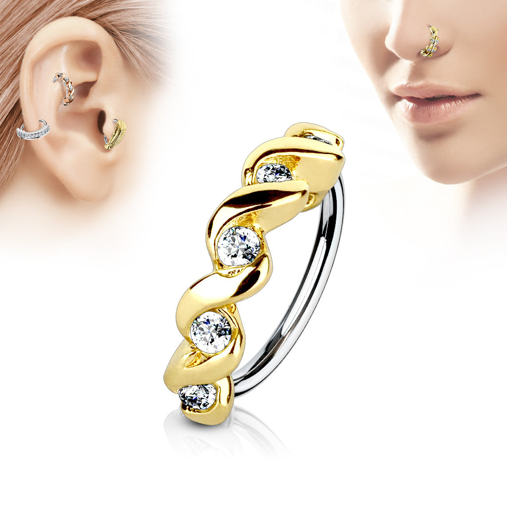 CZ Set Twisted Half Circle Top 316L Surgical Steel Nose, Cartilage Hoop Rings - Gold/Clear