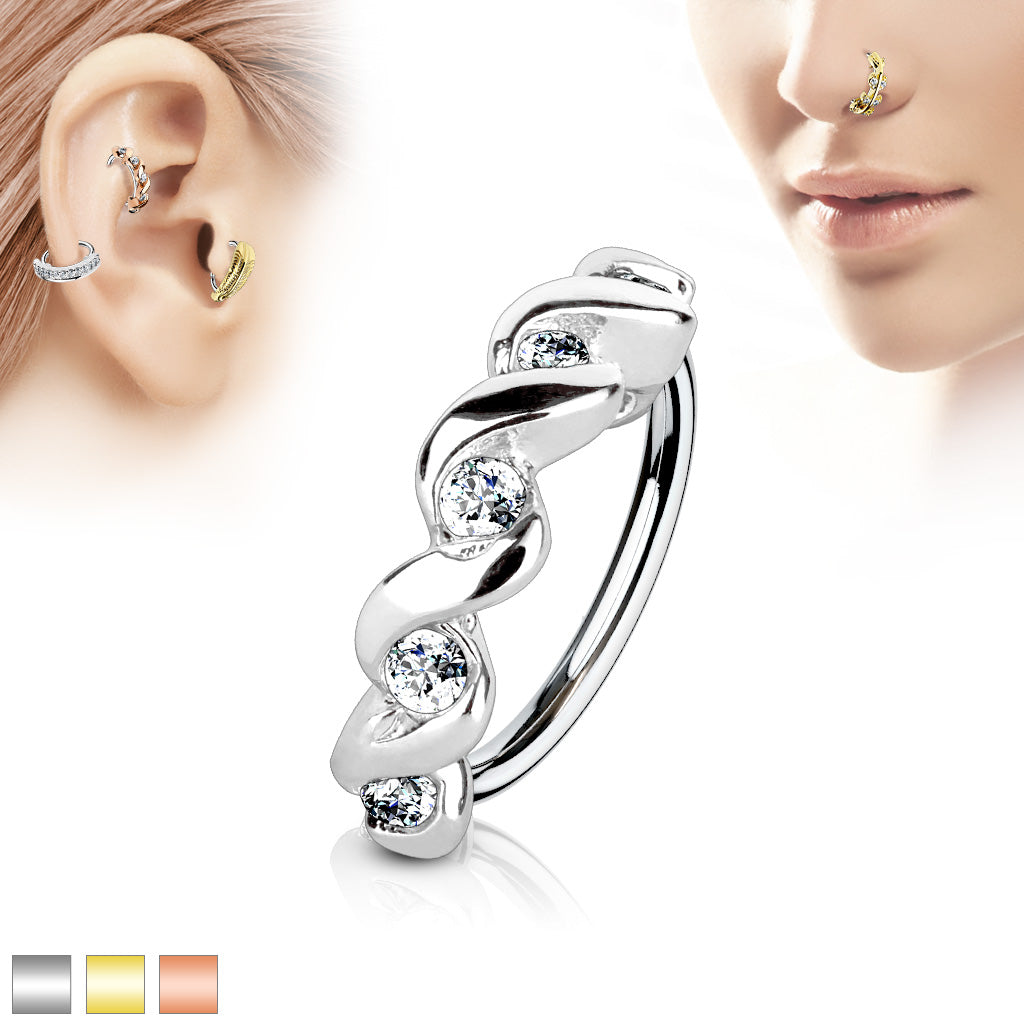 CZ Set Twisted Half Circle Top 316L Surgical Steel Nose, Cartilage Hoop Rings - all colors