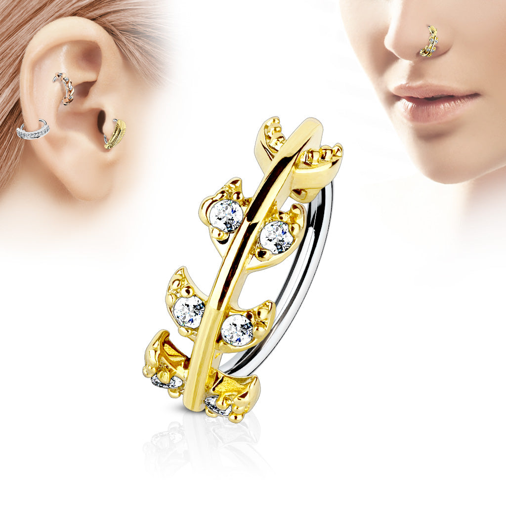 CZ Paved Vine Top 316L Surgical Steel Nose Cartilage Hoop Rings - Gold/Clear