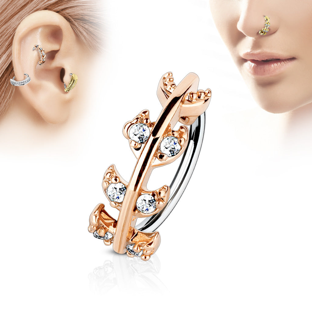 CZ Paved Vine Top 316L Surgical Steel Nose Cartilage Hoop Rings - Rose Gold/Clear