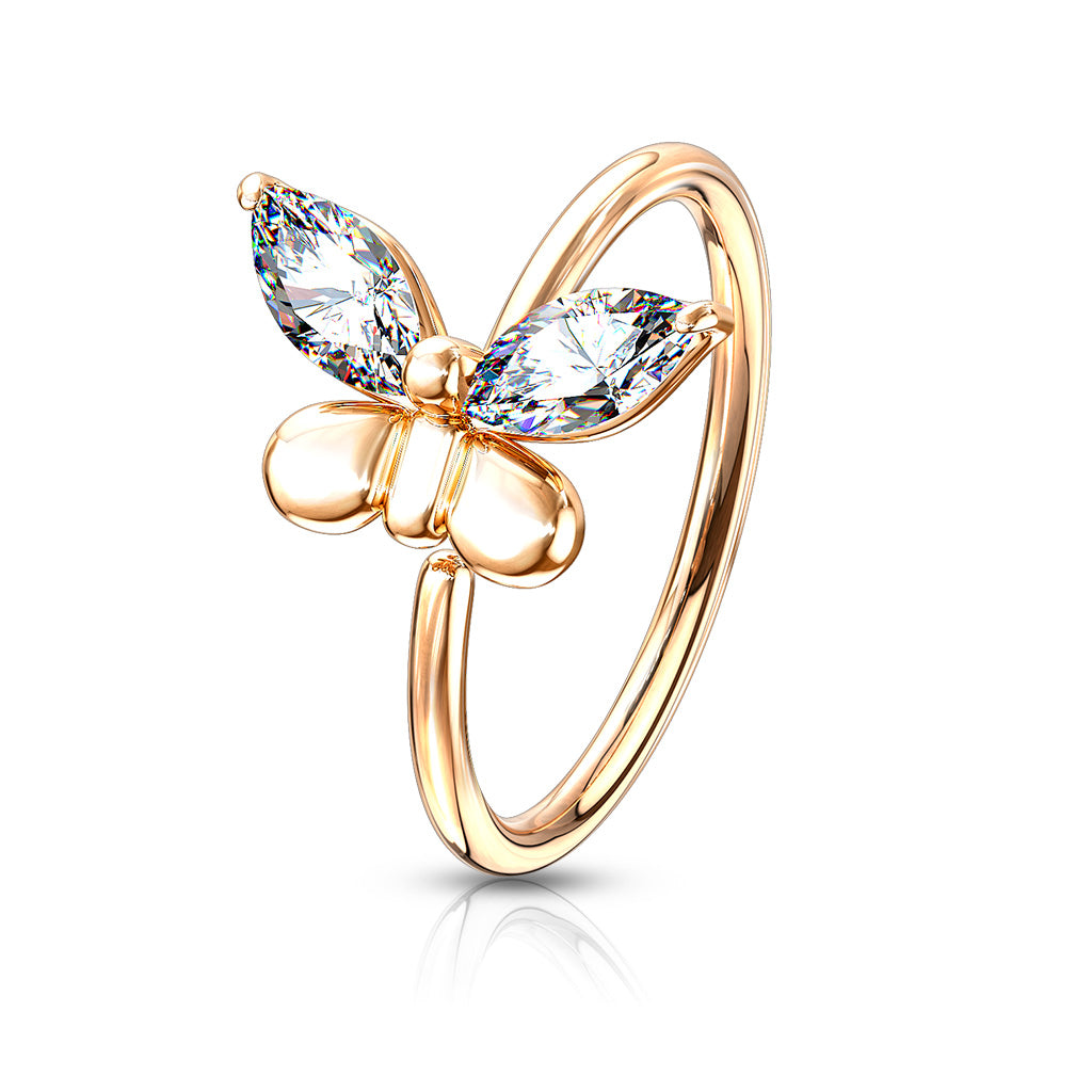 CZ Butterfly Bendable Nose Cartilage Hoop Rings - Rose Gold/Clear