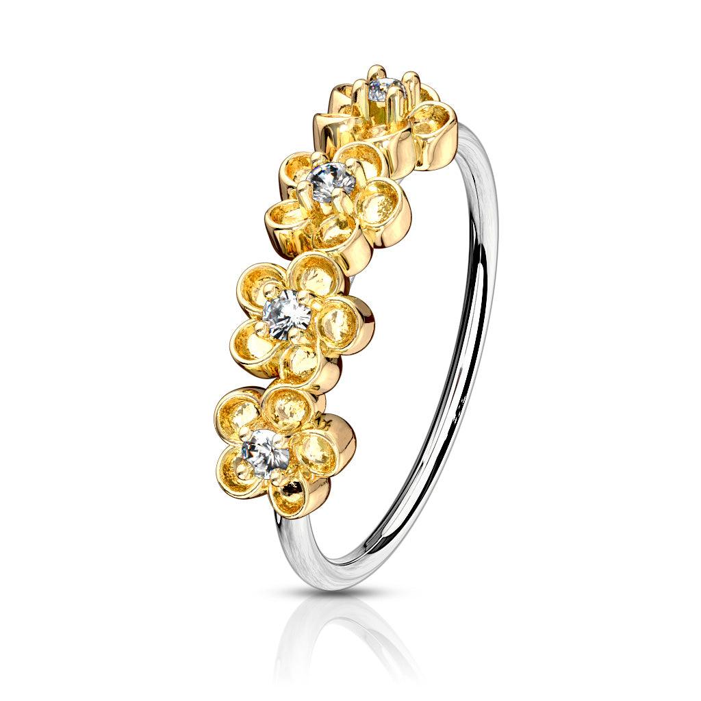 Four CZ Paved Flowers 316L Surgical Steel Bendable Nose, Cartilage Hoop Rings - Gold